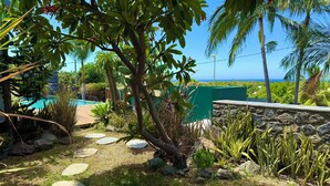 A tropical garden with a stone wall, a pool, and a view of the ocean. - Villa Acacias, Villa Acacias, piscine et vue panoramique (L'Étang-Salé)