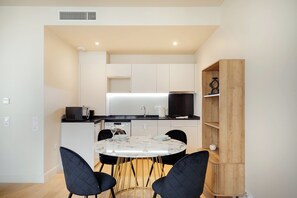 Fridge, microwave, coffee/tea maker, toaster
