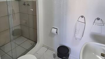 Casa de banho com sanita, lavatório, chuveiro e saboneteira verde.