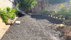 A narrow alley with a gravel path, potted plants, and a brick building. - Interfaith 21 (New York)