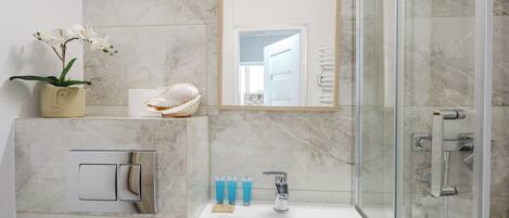 Shower, hair dryer, towels