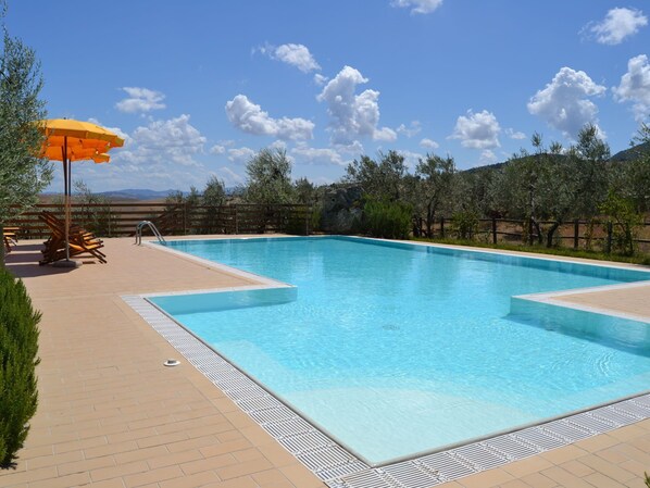 Piscina retangular com um deck de madeira e uma cerca de madeira ao fundo.