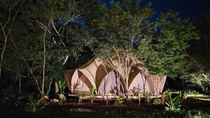 A series of dome-shaped tents with a clear view of the night sky and a visible moon. - LJS Chichikan Eco Luxury Retreat  (Valladolid)