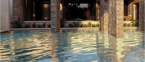 Outdoor pool, open 9:00 AM to 9:00 PM, pool umbrellas, sun loungers