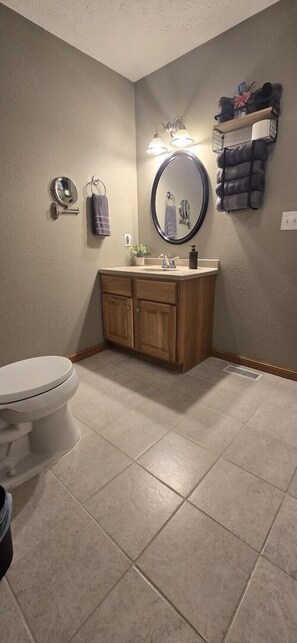 Shower, hair dryer, towels, toilet paper