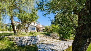 Un sendero de piedra que lleva a una casa con un muro de piedra y un árbol.