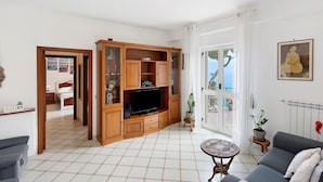 Sala de estar con televisor, mueble de madera y vistas al exterior.
