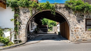 An arched stone entrance to a building with steps leading up to a wooden door. - Töllerhof Organic Farm Apartment 'Weinberg 1' with Mountain View, Shared Pool, and Wi-Fi (Algund)