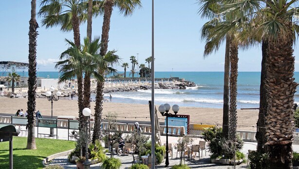 A beachside promenade with palm trees, benches, and a view of the ocean. - Apartment 'Edda' with Sea View and Balcony (Diano Marina)