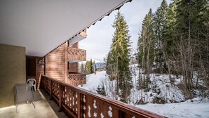 A wooden balcony with a snow-covered landscape and trees in the background.