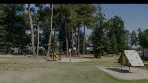 Ein Spielplatz mit Klettergerüsten und Schaukeln, umgeben von hohen Bäumen und einer Rasenfläche.