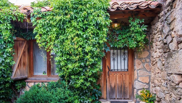 Un edificio rustico in pietra con una porta in legno, una finestra con tenda e un piccolo portico.