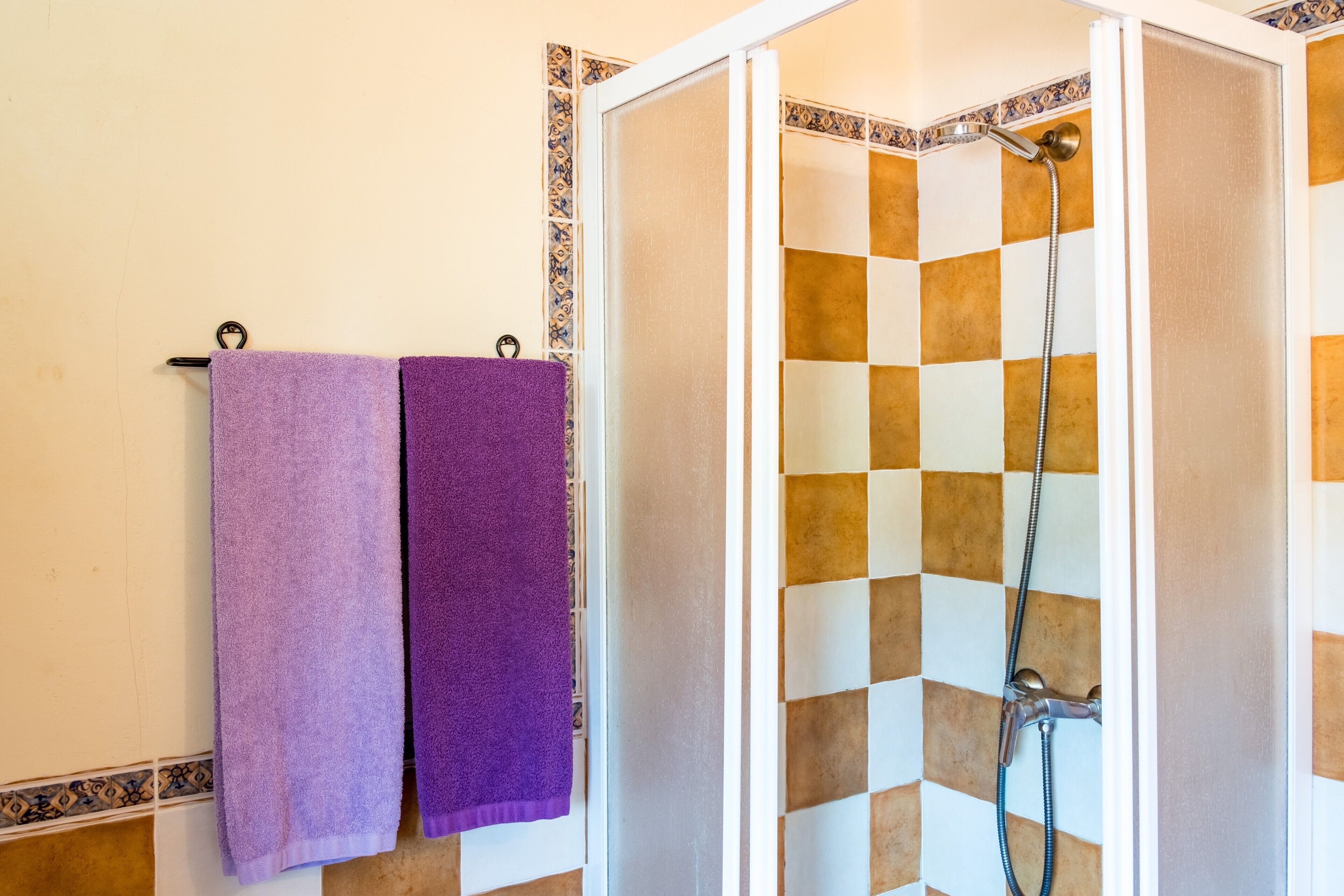 Une douche avec un mur recouvert de carreaux à motifs à carreaux, un pommeau de douche à main et deux serviettes suspendues à un porte-serviettes.