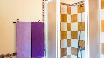 Une douche avec un mur recouvert de carreaux à motifs à carreaux, un pommeau de douche à main et deux serviettes suspendues à un porte-serviettes.