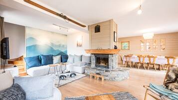 Télévision, cheminée, lecteur de DVD, table de tennis de table