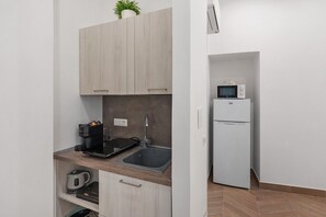 Fridge, microwave, stovetop, coffee/tea maker