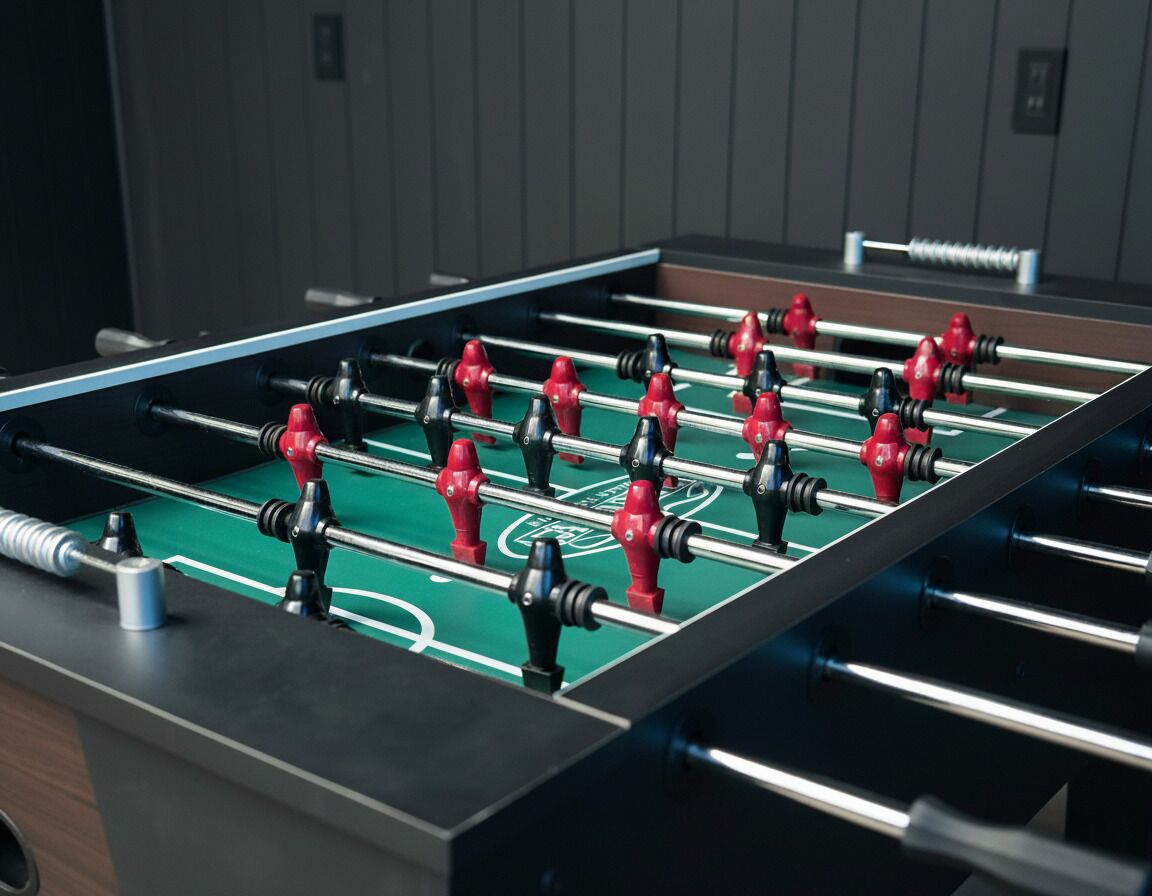 Ein Kicker mit roten und schwarzen Spielfiguren, einer grünen Spielfläche und einem dunklen Holzrahmen.