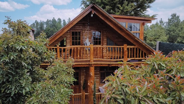 Une cabane en bois dotée d’un balcon, entourée d’une végétation luxuriante.