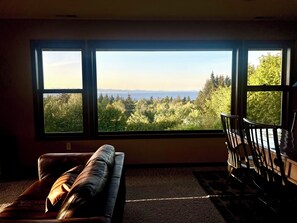 Une pièce dotée d’une grande fenêtre donnant sur une forêt et des montagnes. On y trouve un canapé en cuir et une chaise en bois.