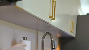 Une cuisine équipée d’un évier en acier inoxydable, d’un porte-essuie-tout, d’un distributeur de savon et d’un petit plat.