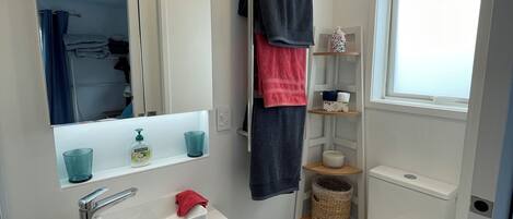 Shower, hair dryer, towels, soap