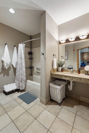 Hair dryer, towels, soap, shampoo