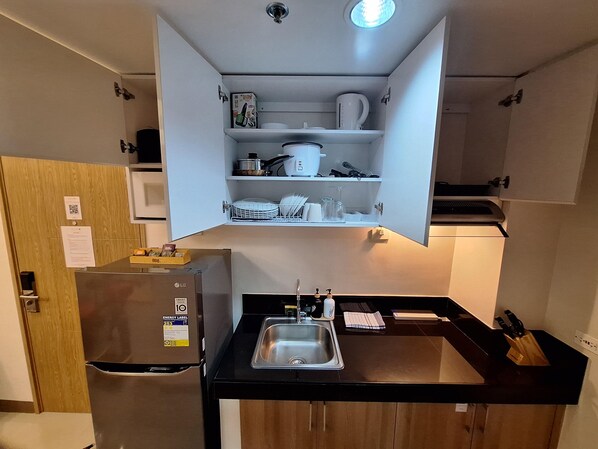 Fridge, microwave, stovetop, electric kettle