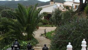 A chessboard set up outdoors with a path leading to a building in the background.