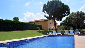 Una piscina rectangular con borde alicatado, rodeada por un solárium de baldosas. Varias tumbonas están alineadas a lo largo del borde de la piscina.