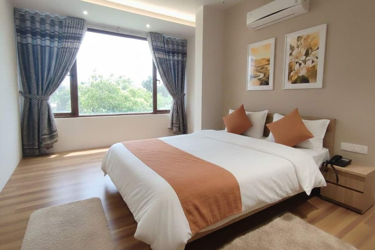Quarto com cama grande, mesa de cabeceira, ar condicionado e janela com cortinas.
