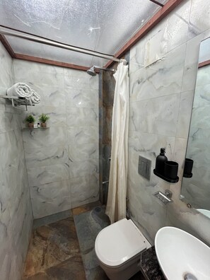 Deluxe dubbelrum - 1 queensize-säng - utsikt mot trädgården | Badrum | Dusch, handdukar, tvål och schampo