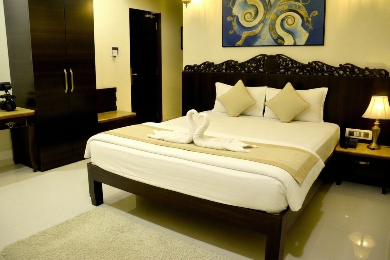 A hotel room with a large bed, dark wooden headboard, white linens, and a decorative painting on the wall.