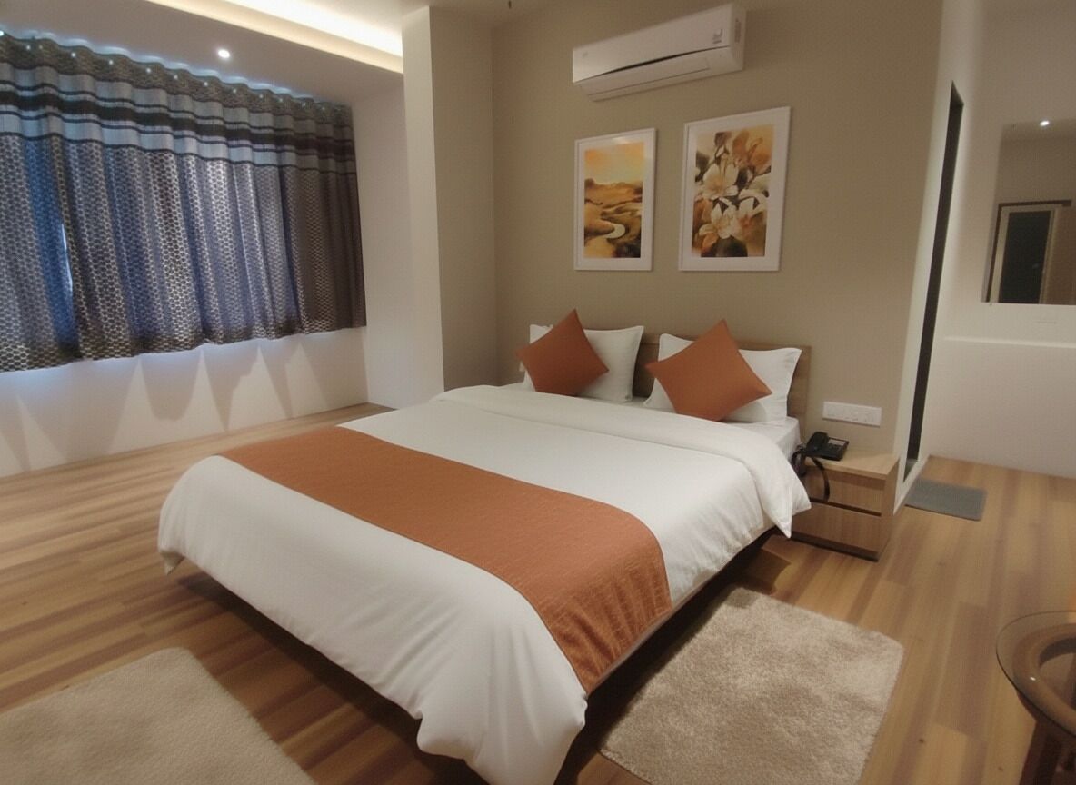 Une chambre d’hôtel avec un grand lit, un plancher en bois, une fenêtre avec des rideaux et deux tableaux accrochés au mur.