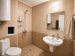 Chuveiro, secador de cabelo, toalhas de banho, sabonete