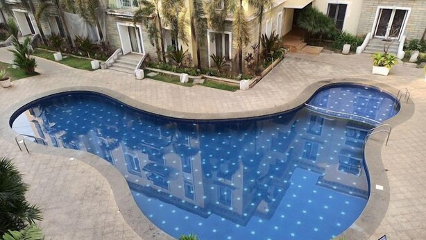 Ein Pool mit gewelltem Rand, umgeben von Blumentöpfen und einem gepflasterten Gehweg.