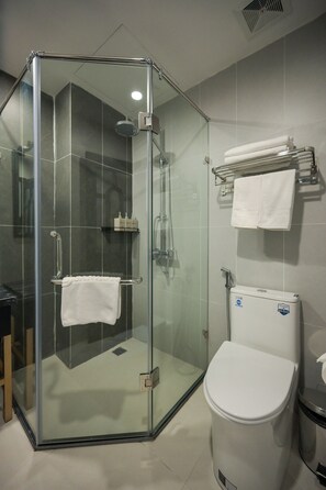 Shower, hydromassage showerhead, free toiletries, hair dryer