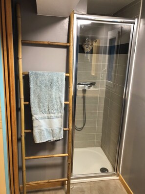 Shower, hair dryer, towels, toilet paper