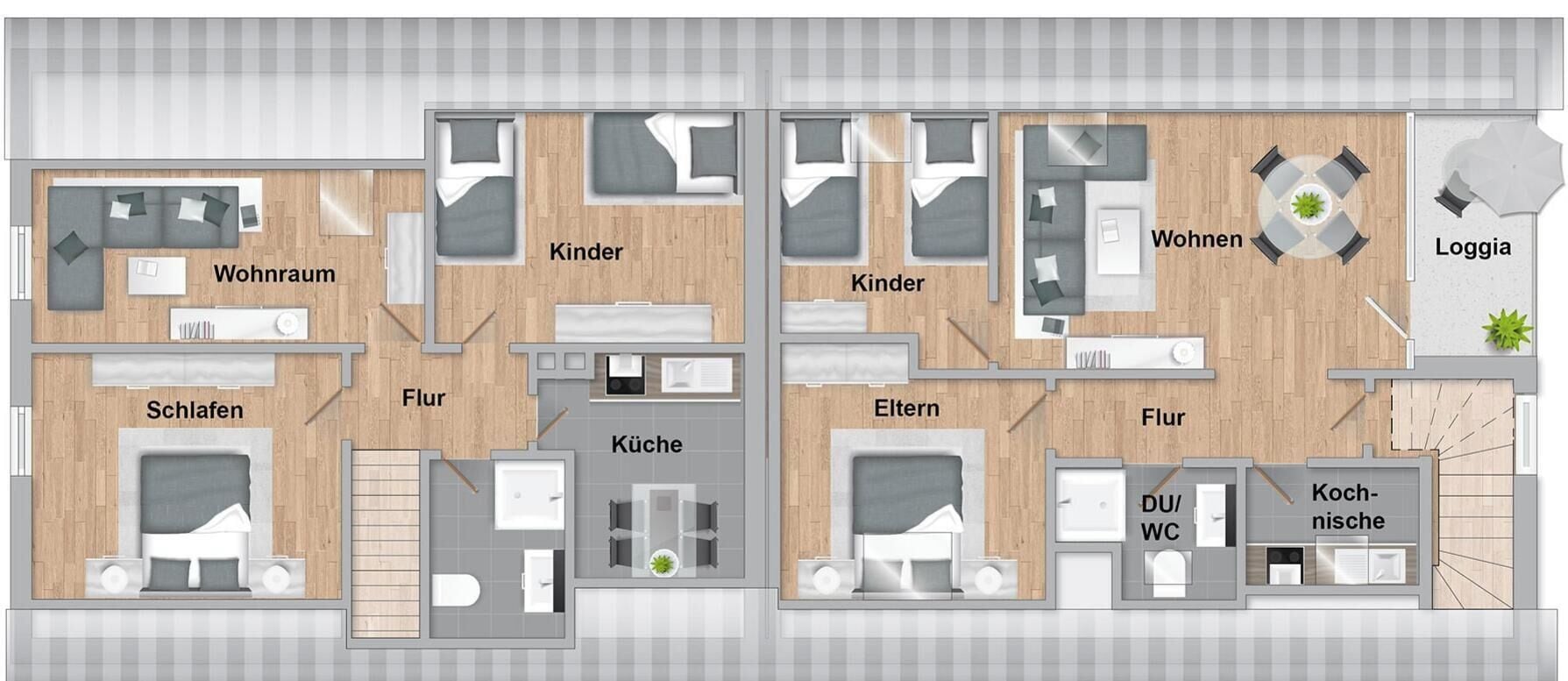 Ein Hotelgrundriss mit separaten Zimmern für Erwachsene und Kinder, einer Küche, einem Essbereich und einer Loggia.