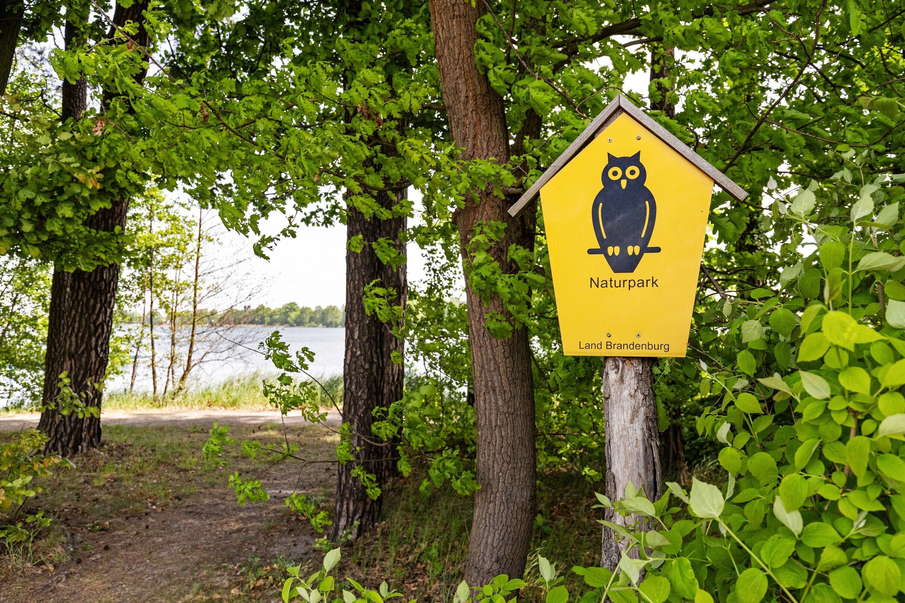 A sign for Naturpark Land Brandenburg with an owl symbol, surrounded by trees and a lake view.