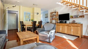 Televisión, reproductor de DVD, mesa de ping pong, estéreo