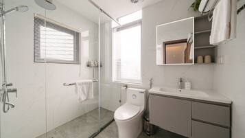 Une salle de bain moderne avec une douche à parois de verre, des toilettes, un lavabo et un miroir.