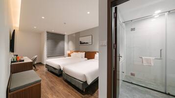 Habitación de hotel con dos camas, un escritorio, una silla, un televisor y una zona de ducha.