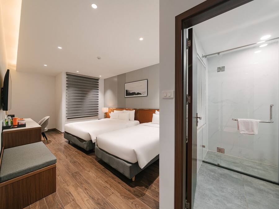 Habitación de hotel con dos camas, un escritorio, una silla, un televisor y una zona de ducha.