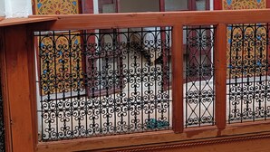 Un balcó amb barana de metall decorada i vista a un edifici amb portes i finestres de disseny tradicional.