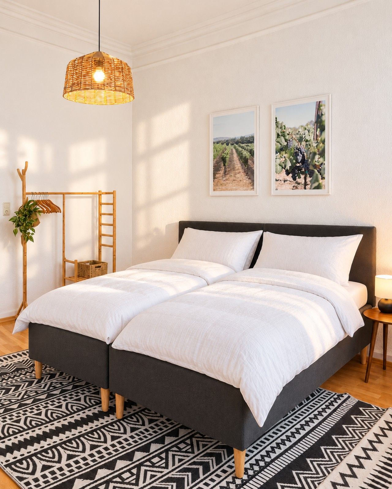 Genieße erholsamen Schlaf in unserem luxuriösen Boxspringbett mit erstklassigem Liegekomfort. Für deine Kleidung steht ein praktischer Kleiderständer bereit, damit du dich rundum wohlfühlen kannst.