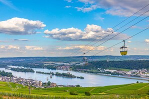 Une vue pittoresque d’une rivière, avec deux téléphériques, une ville en arrière-plan et des champs verdoyants au premier plan.