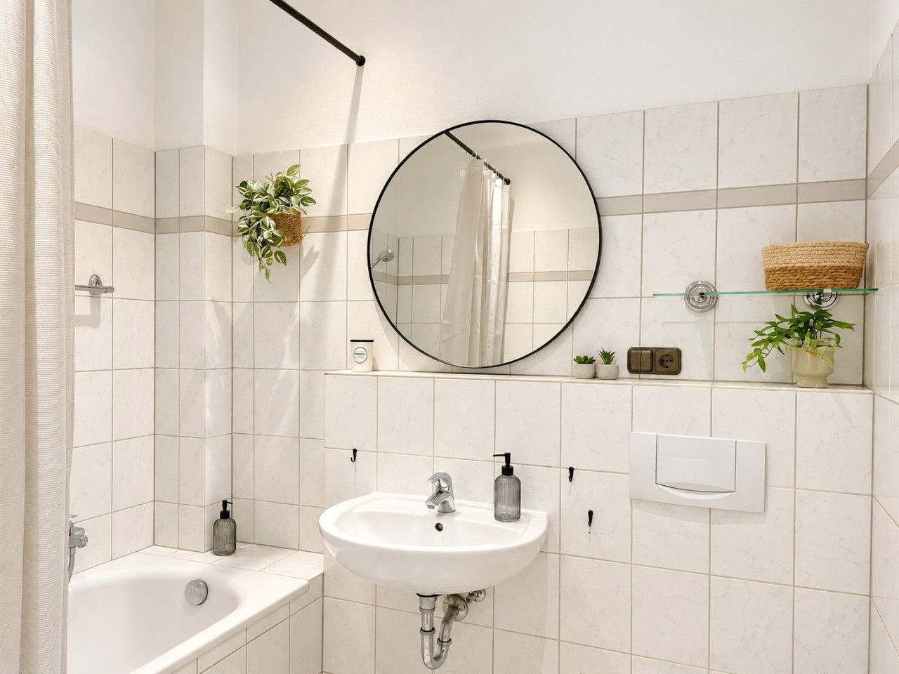 A bathroom with a white sink, a mirror, a shower curtain, and a towel rack.