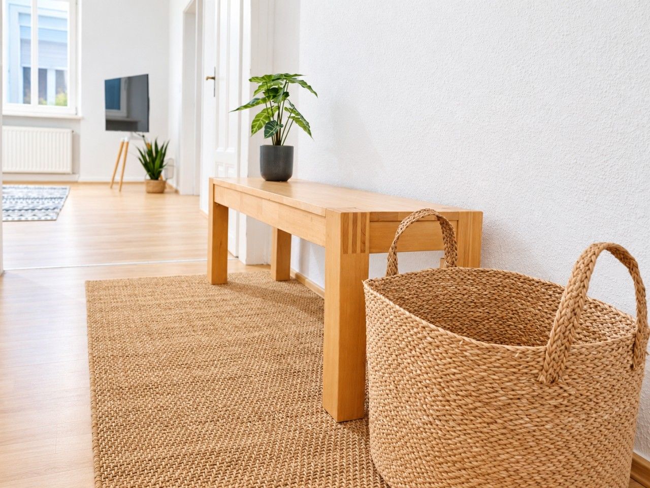 A room with a wooden bench, a woven basket, and a potted plant.