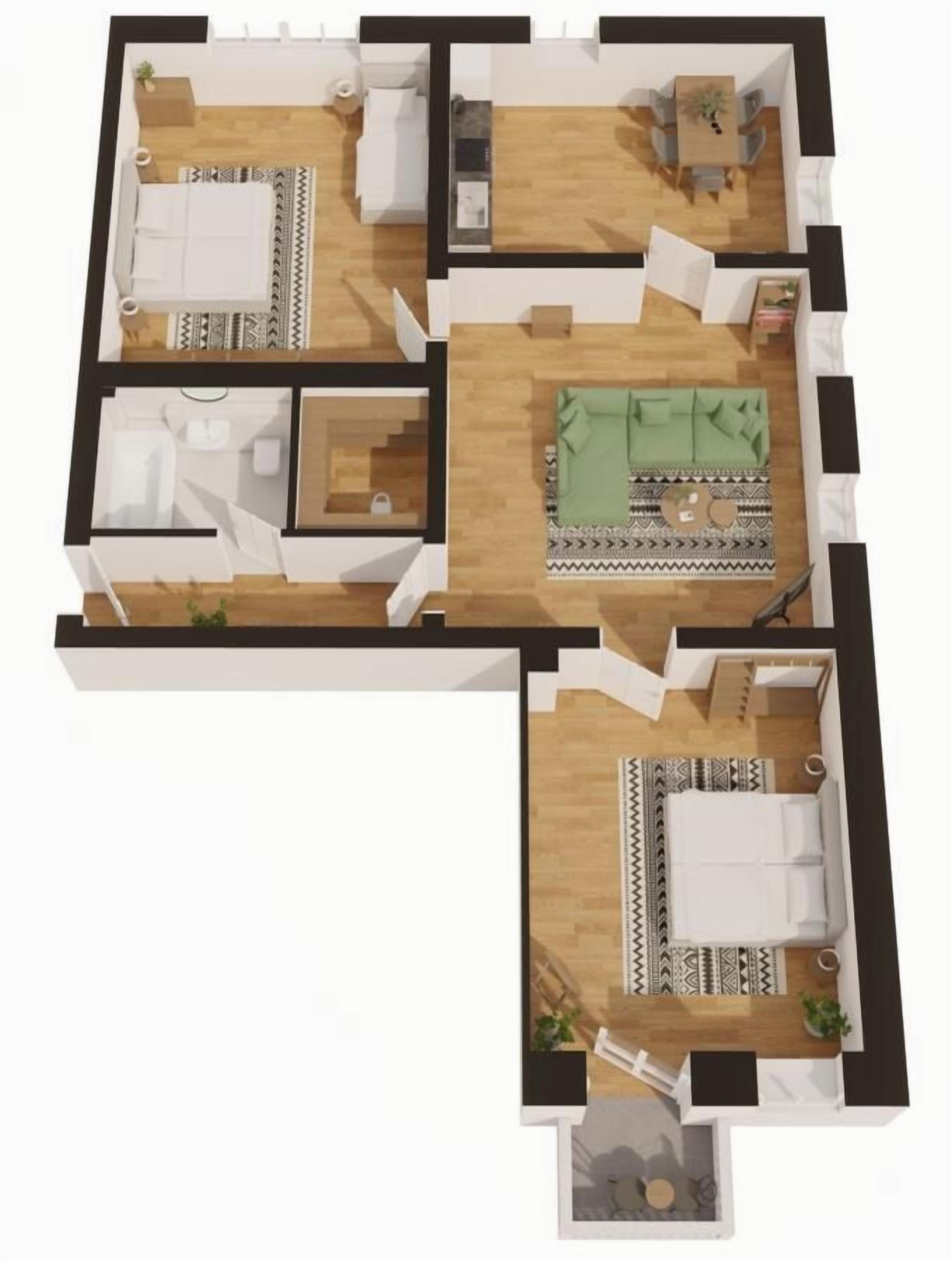 Hotellihuoneen pohjapiirros, jossa on sänky, oleskelualue, pieni keittokomero ja kylpyhuone.