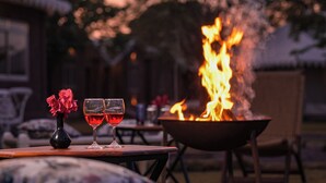 A table with two glasses of red wine and a vase of pink flowers, set outdoors with a fire pit in the background. - Impian Resort (Jodhpur)